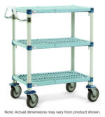 The MetroMax Q MQUC2436G-35 utility cart has three light blue slotted shelves and white supports, measuring 24 x 36 x 39.25. It features a handle and four large wheels for easy movement. Note: Dimensions may vary slightly from those shown.