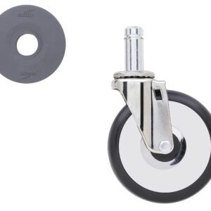 On the right is a 5 resilient rubber swivel stem caster for wire shelving, labeled Metro, metal and rubber in design. To the left is a separate round grey rubber piece, set against a white backdrop.
