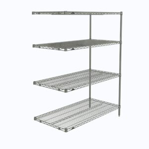 The Metro AN556C Super Erecta Add-On Unit is a 24 x 48 x 63 chrome shelving system with four evenly spaced shelves, supported by vertical metal bars, offering an open and airy design against a plain backdrop.