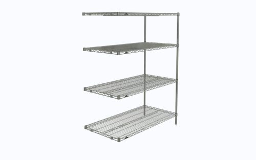 hcgd24fbuexiumle3dspk7e1zg18ymlc.jpg The Metro AN556C Super Erecta Add-On Unit is a 24 x 48 x 63 chrome shelving system with four evenly spaced shelves, supported by vertical metal bars, offering an open and airy design against a plain backdrop.