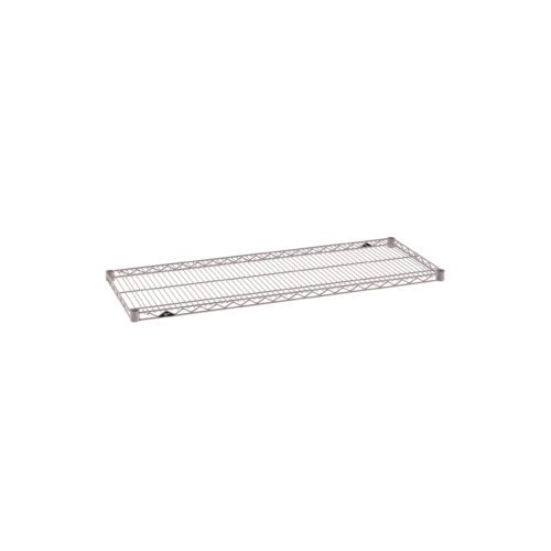 The Metro Super Erecta 1848NK4 Industrial Wire Shelf in Metroseal Gray Epoxy is a durable 18 x 48 rectangular shelf with a grid pattern and reinforced edges, perfect for storage or organization in shelving units or rack systems.