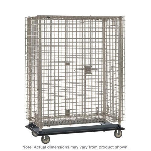 The Metro MQSEC56LE MetroMax Heavy-Duty Mobile Security Shelving Unit, measuring 28.0625 x 63.125 x 68.5, is a large metal wire cage on four caster wheels with a front door latch and lock, shown empty against a plain white background. Dimensions might differ from those shown.