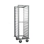 The Metro RD15NA33A120 End-Load Pan Rack is a tall, metal rolling rack with multiple slots for trays, featuring 3 slide spacing, a gray bumper, pan stop, and open-frame construction on four wheels. It measures 22 x 25 x 63.75, set against a plain white background.