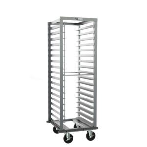 The Metro RD15NA33A120 End-Load Pan Rack is a tall, metal rolling rack with multiple slots for trays, featuring 3 slide spacing, a gray bumper, pan stop, and open-frame construction on four wheels. It measures 22 x 25 x 63.75, set against a plain white background.