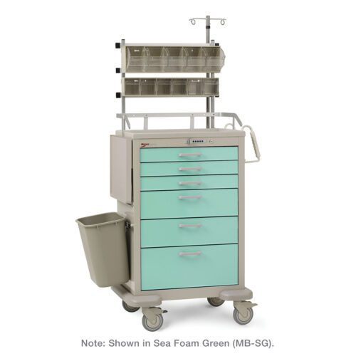 hfiquf6qko8fh1lls7xrlwsngcyht3m9.jpg The Metro MBX3210ANES3 Basix Anesthesia Cart is a sea foam green medical cart with six drawers, an attached waste bin, and a top organizer tray with multiple compartments. It is mounted on wheels and includes an IV pole for enhanced functionality.