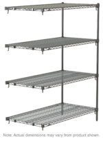 The chrome Metro Super Adjustable Super Erecta AA416C 4-Shelf Industrial Wire Shelving Add-On Unit, shown on a white background, features adjustable 21 x 24 x 63 dimensions with three open shelves supported by vertical posts; actual dimensions may vary.