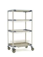 The MetroMax i PR36VX3-XDR Mobile Drying Rack, measuring 26 x 38 x 68, includes two drop-ins, one tray rack, one bulk shelf, a drip tray, and rolls smoothly on four caster wheels with gray and blue accents.
