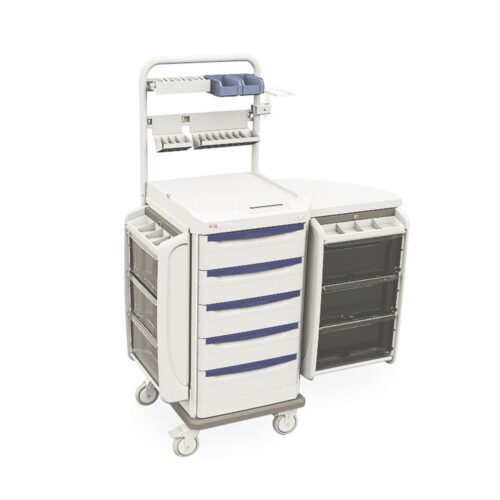 Introducing the Metro SXRXSANES2 Starsys Anesthesia Cart with Electronic Touchpad—a mobile medical cart with six blue drawers, wheels, an extended side table, multiple shelves, and an overhead tray for organizing medical equipment effortlessly.