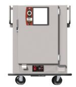 The Metro MBQ-72X-QH One-Door Banquet Cabinet has a Quad-Heat Thermal System, powered by 220V and 1650W. It features a display panel, wheels for mobility, handles on both sides, visible controls and gauges, and a power switch at the bottom.