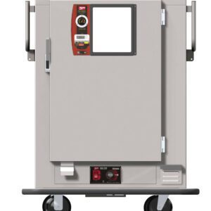 The Metro MBQ-72X-QH One-Door Banquet Cabinet has a Quad-Heat Thermal System, powered by 220V and 1650W. It features a display panel, wheels for mobility, handles on both sides, visible controls and gauges, and a power switch at the bottom.