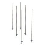 Six tall stainless steel poles with small round bases stand upright on a white background, closely mirroring the Metro LBTAS qwikTRAK Double Deep Stationary Intermediate Unit Kit for Super Erecta Wire Shelving in design.