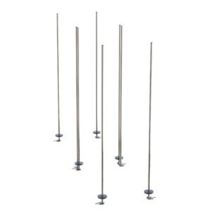 Six tall stainless steel poles with small round bases stand upright on a white background, closely mirroring the Metro LBTAS qwikTRAK Double Deep Stationary Intermediate Unit Kit for Super Erecta Wire Shelving in design.