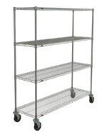 The Metro N366BBR Super Erecta 4-Shelf Cart, measuring 18 x 60 x 67.875, is a brite-finished metal shelving unit with adjustable wire mesh shelves and four caster wheels for easy mobility, ideal for efficient storage and organization.