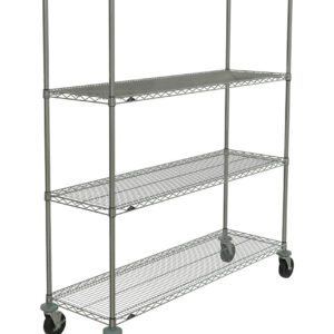 The Metro N366BBR Super Erecta 4-Shelf Cart, measuring 18 x 60 x 67.875, is a brite-finished metal shelving unit with adjustable wire mesh shelves and four caster wheels for easy mobility, ideal for efficient storage and organization.