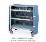 The Metro GWSVC62 Blue Glassware Cart Cover for Tall Units is designed for a blue, three-shelf utility cart with wire baskets, featuring large wheels for easy mobility. Note: GW5VC41 shown; actual dimensions may vary.