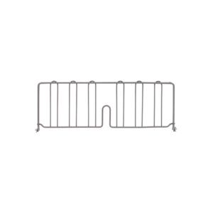 The Metro DD24K4 Super Erecta shelf divider, 8 high in Metroseal Gray Epoxy, is designed for 24 wire shelves with vertical bars and a top-edge U-shaped notch with hooks.