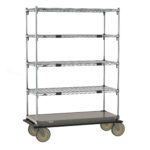 The Metro ECN45CS Super Adjustable Super Erecta Transport and Exchange Cart is a 21 x 48 industrial-style metal shelving unit with five tiers, featuring a solid galvanized steel bottom shelf and four large rubber wheels for easy mobility.