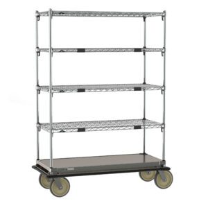 The Metro ECN45CS Super Adjustable Super Erecta Transport and Exchange Cart is a 21 x 48 industrial-style metal shelving unit with five tiers, featuring a solid galvanized steel bottom shelf and four large rubber wheels for easy mobility.