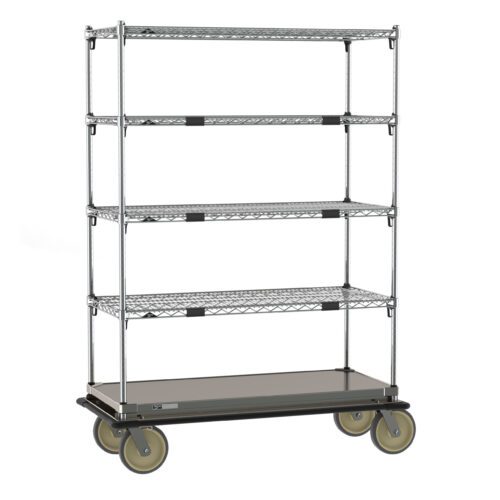 The Metro ECN45CS Super Adjustable Super Erecta Transport and Exchange Cart is a 21 x 48 industrial-style metal shelving unit with five tiers, featuring a solid galvanized steel bottom shelf and four large rubber wheels for easy mobility.