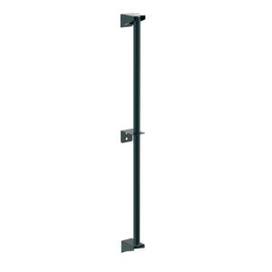 The Metro 33PDFK3 Super Erecta Wall Mount Post, standing 33 high, boasts a slender design with a dark green Metroseal Green Epoxy finish and includes three strategically positioned mounting plates with screw holes.