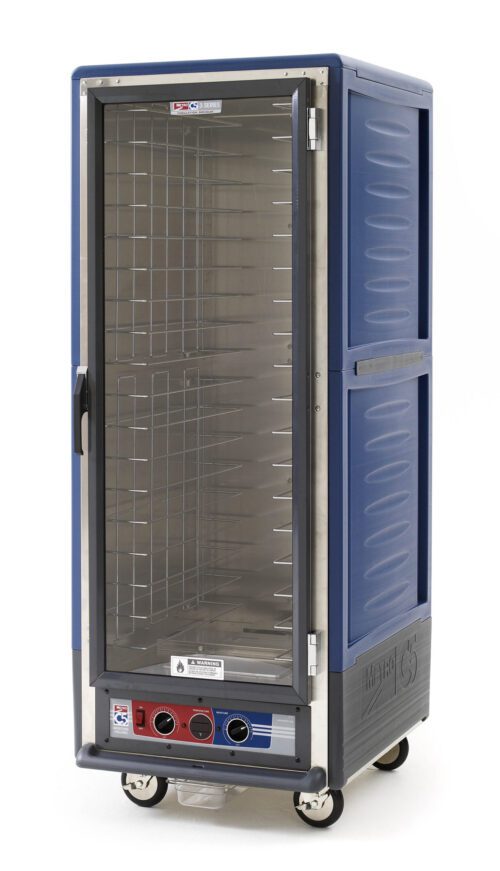hqs1ydi04bi5b46ut704ut1z9o8jkf3j.jpg The Metro C539-MXFC-4-BUA C5 3 Series is a full-height, blue warming cabinet with a clear glass door and fixed wire slides. It operates on 220-240V, 50/60Hz, has controls at the bottom, and is mounted on four wheels for easy mobility.