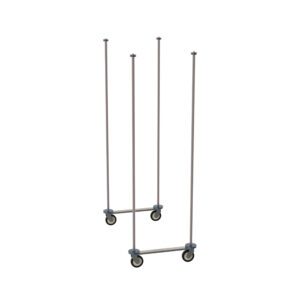 Three vertical poles with wheels resemble the Metro TTM24K4 Top-Track Mobile Unit Kit for 24 Wide Super Erecta Wire Shelving. Each pole is on a wheeled horizontal base in Metroseal Gray Epoxy against a white background.