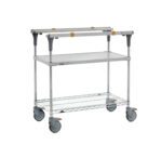 The Metro MS1836-FGBR PrepMate MultiStation 36 Prep Station features a solid galvanized top shelf, Brite Zinc wire bottom shelf with Chrome posts, and rolls smoothly on large caster wheels with adjustable support brackets and orange corner accents.