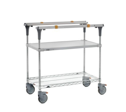 The Metro MS1836-FGBR PrepMate MultiStation 36 Prep Station features a solid galvanized top shelf, Brite Zinc wire bottom shelf with Chrome posts, and rolls smoothly on large caster wheels with adjustable support brackets and orange corner accents.