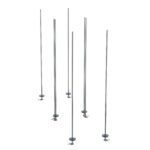 Six chrome rods stand vertically, each featuring a base and a small dark disc halfway up, evenly spaced and parallel against a plain white background, reflecting the sleek design of the Metro LBTAC qwikTRAK Double Deep Stationary Intermediate Unit Kit for Super Erecta Wire Shelving.