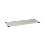 A Metro 2160FS Super Erecta Solid Shelf, standard stainless steel, measures 21 x 60 and has black corner brackets with a small red label on one end, isolated on a white background.