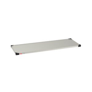 A Metro 2160FS Super Erecta Solid Shelf, standard stainless steel, measures 21 x 60 and has black corner brackets with a small red label on one end, isolated on a white background.