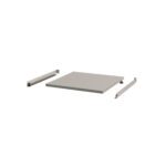 A light gray 24 x 24 flat panel and two metal brackets with hinge mechanisms are displayed on a white background, suggesting assembly components for the Metro CV2424S Solid Roller Shelf used in CaseVue surgical case carts.