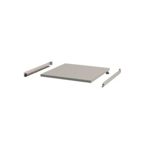 A light gray 24 x 24 flat panel and two metal brackets with hinge mechanisms are displayed on a white background, suggesting assembly components for the Metro CV2424S Solid Roller Shelf used in CaseVue surgical case carts.