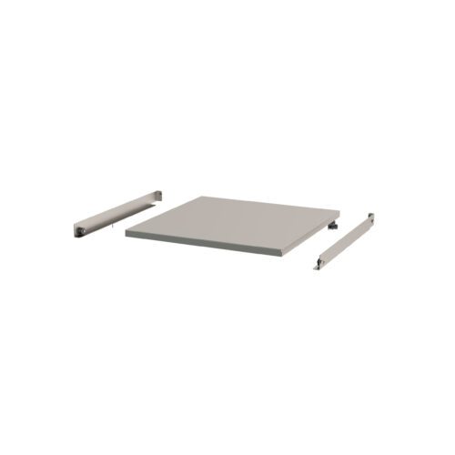 A light gray 24 x 24 flat panel and two metal brackets with hinge mechanisms are displayed on a white background, suggesting assembly components for the Metro CV2424S Solid Roller Shelf used in CaseVue surgical case carts.