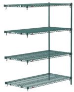 The Metro Super Adjustable Super Erecta AA556K3 is a 24 x 48 x 63 green shelving unit with three wire shelves, a solid top shelf, and open sides. Its Metroseal Green Epoxy finish and four vertical rods provide a minimalist industrial look.