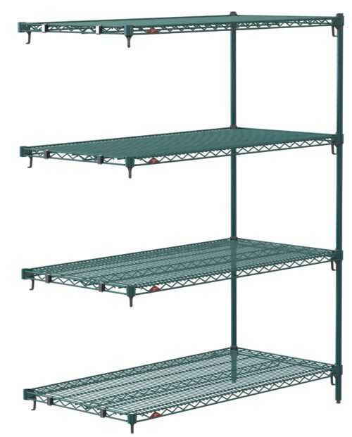 The Metro Super Adjustable Super Erecta AA556K3 is a 24 x 48 x 63 green shelving unit with three wire shelves, a solid top shelf, and open sides. Its Metroseal Green Epoxy finish and four vertical rods provide a minimalist industrial look.