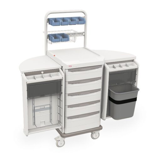 htgsy6pamhwfuvvw8eh040latowy48po.jpg Introducing the Metro SXRSARTH Starsys Arthroscopic Cart: a mobile medical cart with multiple drawers, an attached trash bin, small top bins for extra storage, extended side flat surfaces for enhanced functionality, and wheels for easy movement.