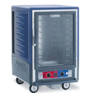 The Metro C535-CXFC-4-BUA C5 3 Series Cabinet is a sleek blue, half-height unit with a full-length transparent door and fixed wire slides. It operates at 220-240V, 50/60Hz, and features multiple racks and controls.
