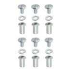A set of Metro 9950Z End Stops, ideal for tote racks, includes six silver Chicago screws with slotted heads, each paired with a washer and post, arranged in three vertical rows. Conveniently packaged in a bag of six.