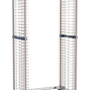 The Metro RS1K4S Side-Load Stainless Steel/Metroseal Gray Wire Bun Pan Rack, featuring 1.5 slide spacing and a 40-pan capacity, is a tall mobile unit ideal for storing or drying items, with horizontal bars ensuring stability and optimal air circulation.