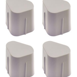 A bag of Metro MAX4-9997-4 Corner Adapters for MetroMax 4 industrial plastic shelving, featuring 4 white, curved, triangular plastic corner guards arranged in a two-by-two grid on a white background.
