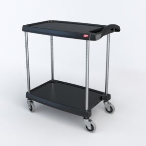 The Metro MY1627-24BL myCart Series utility cart offers two black 16 x 27 shelves, a sturdy handle, and four wheels, highlighted on a pristine white background.
