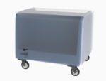 The Metro DSDV11 Vinyl Dust Cover for the Side-Load Polymer Dish/Tray Cart, in gray with a subtle logo, offers a sleek, boxy design. Its metallic wheels ensure smooth mobility against a plain white backdrop.