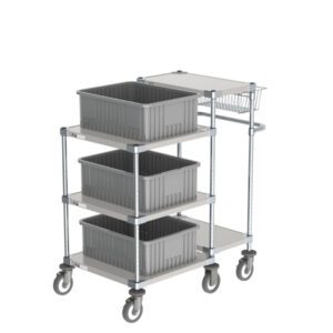 The Metro CR243840-PC Picking Cart, measuring 24 x 38 x 40, features a gray utility design with three stacked plastic bins, a sturdy metal frame on four swivel wheels, and a flat top shelf for easy maneuverability. The cart is empty and set against a white background.