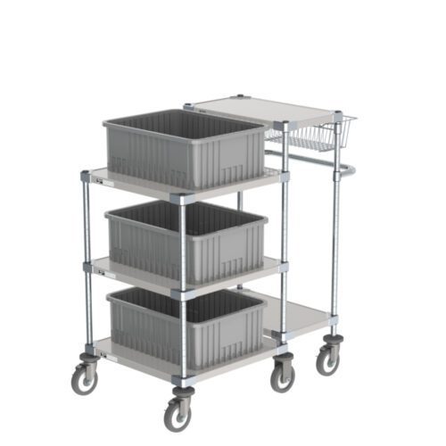 The Metro CR243840-PC Picking Cart, measuring 24 x 38 x 40, features a gray utility design with three stacked plastic bins, a sturdy metal frame on four swivel wheels, and a flat top shelf for easy maneuverability. The cart is empty and set against a white background.
