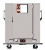 The Metro MBQ-120X-QHA One-Door Banquet Cabinet features a Quad-Heat Thermal System with a 220V, 50/60Hz, 1650W control panel. Its a gray food warmer with a front gauge, door handle, wheels for mobility, and metallic design accented in black and red.