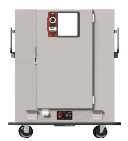 hvxg563au1ul05qz1dukare190mwddm7.jpg The Metro MBQ-120X-QHA One-Door Banquet Cabinet features a Quad-Heat Thermal System with a 220V, 50/60Hz, 1650W control panel. Its a gray food warmer with a front gauge, door handle, wheels for mobility, and metallic design accented in black and red.