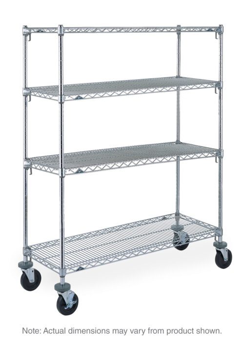 The Metro Super Adjustable Super Erecta A536EC 4-Shelf Industrial Wire Shelving Stem Caster Cart is a freestanding chrome unit measuring 24 x 36 x 67.875, featuring three grid-patterned shelves on caster wheels for easy mobility, perfect for efficient organization.