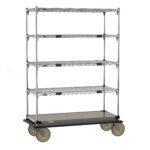 The Metro ECM45XS Super Adjustable Super Erecta Transport and Exchange Cart, measuring 21 x 48, features a sturdy stainless steel bottom shelf, four wire shelves, and gray wheels. It is a large silver wheeled metal storage rack ideal for transporting or organizing items.