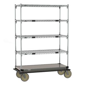 The Metro ECM45XS Super Adjustable Super Erecta Transport and Exchange Cart, measuring 21 x 48, features a sturdy stainless steel bottom shelf, four wire shelves, and gray wheels. It is a large silver wheeled metal storage rack ideal for transporting or organizing items.